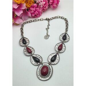 Erica Lyons Statement Necklace Silver Tone Blue Red Teardrop Links Cabochon 24"